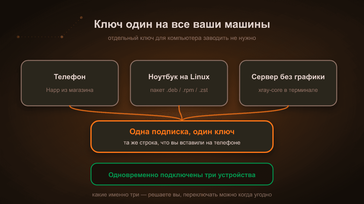 Схема: телефон, ноутбук на Linux и сервер без графики подключаются одной и той же подпиской по одному ключу; ограничение задаёт не число установок, а три одновременных подключения