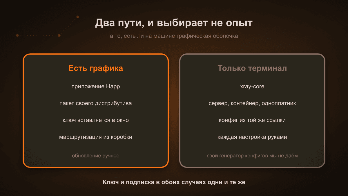 Схема: три пакета под разные семейства дистрибутивов ставятся своим пакетным менеджером, дальше в приложение добавляется тот же ключ, что и на телефоне; для машины без графики вместо приложения работает xray-core в терминале