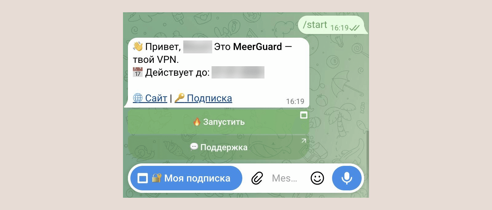 Скриншот чата с ботом MeerGuard в Telegram: после команды /start бот поздоровался и показал срок подписки, под сообщением кнопки «Запустить» и «Поддержка»