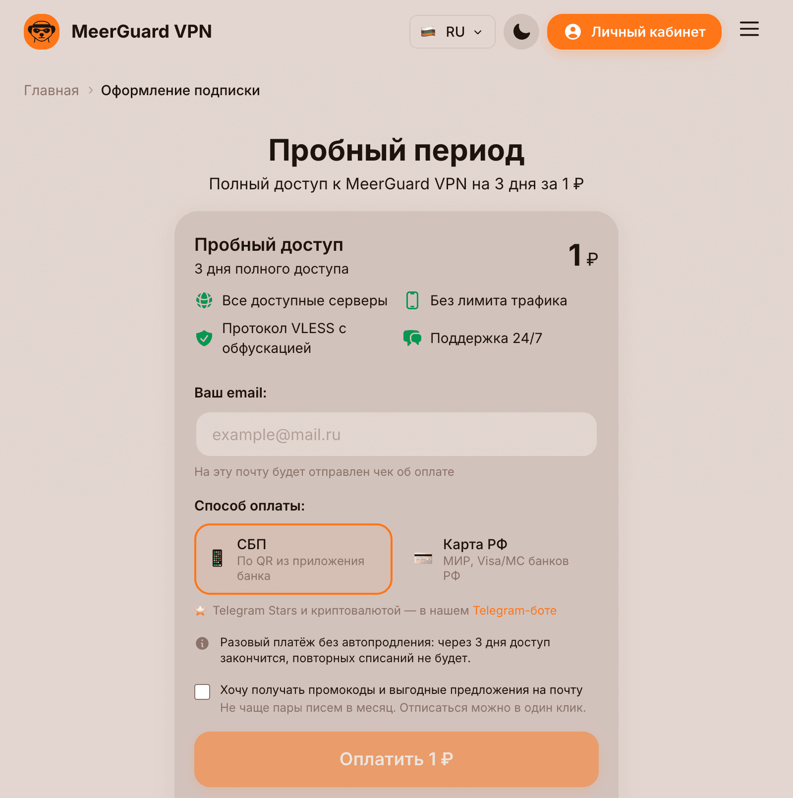 Скриншот страницы «Пробный период» на сайте MeerGuard: 3 дня полного доступа за 1 ₽, поле для почты, оплата через СБП или картой РФ и кнопка «Оплатить 1 ₽»